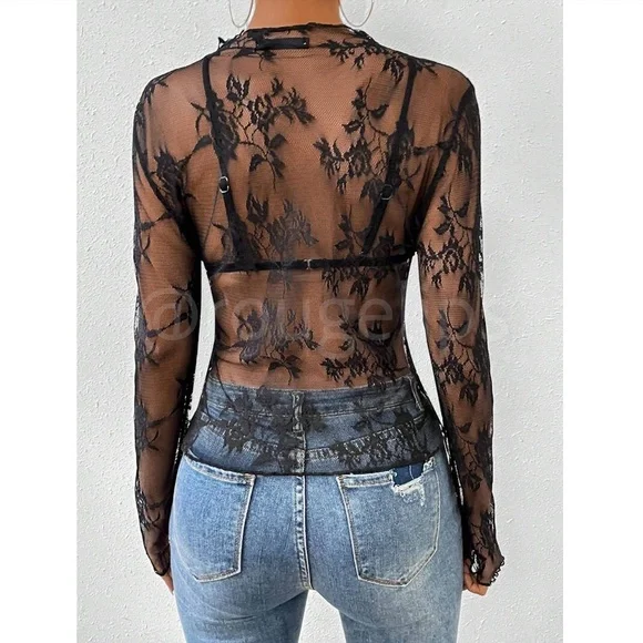 Black Lace Sheer Floral Long Sleeve Top Shirt - Picture 3 of 8